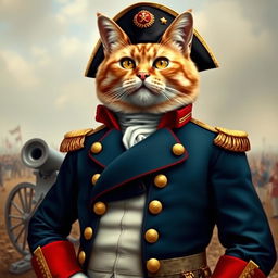 A commanding cat dressed in the iconic military uniform of Napoleon Bonaparte, complete with a navy blue tailcoat adorned with gold epaulettes and red cuffs