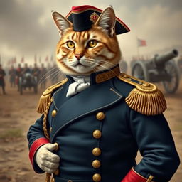 A commanding cat dressed in the iconic military uniform of Napoleon Bonaparte, complete with a navy blue tailcoat adorned with gold epaulettes and red cuffs