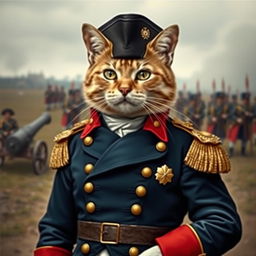 A commanding cat dressed in the iconic military uniform of Napoleon Bonaparte, complete with a navy blue tailcoat adorned with gold epaulettes and red cuffs