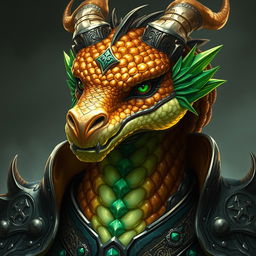 A portrait of a male dragon humanoid with topaz-colored scales and green accents