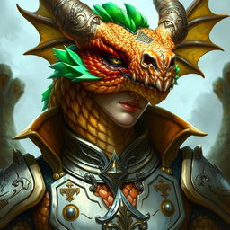 A portrait of a male dragon humanoid with topaz-colored scales and green accents