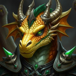 A portrait of a male dragon humanoid with topaz-colored scales and green accents