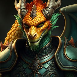 A portrait of a male dragon humanoid with topaz-colored scales and green accents