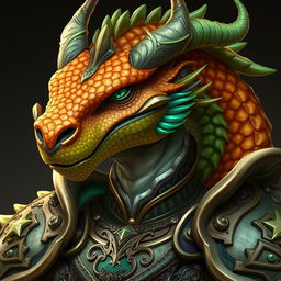 A portrait of a male dragon humanoid with topaz-colored scales and green accents