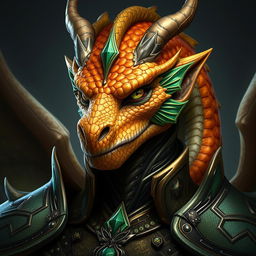 A portrait of a male dragon humanoid with topaz-colored scales and green accents