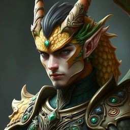 A portrait of a male dragon humanoid with topaz-colored scales and green accents