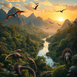 A breathtaking prehistoric landscape filled with various dinosaurs, such as T-Rex, Triceratops, and Pterosaurs, roaming amidst lush greenery and ancient forests