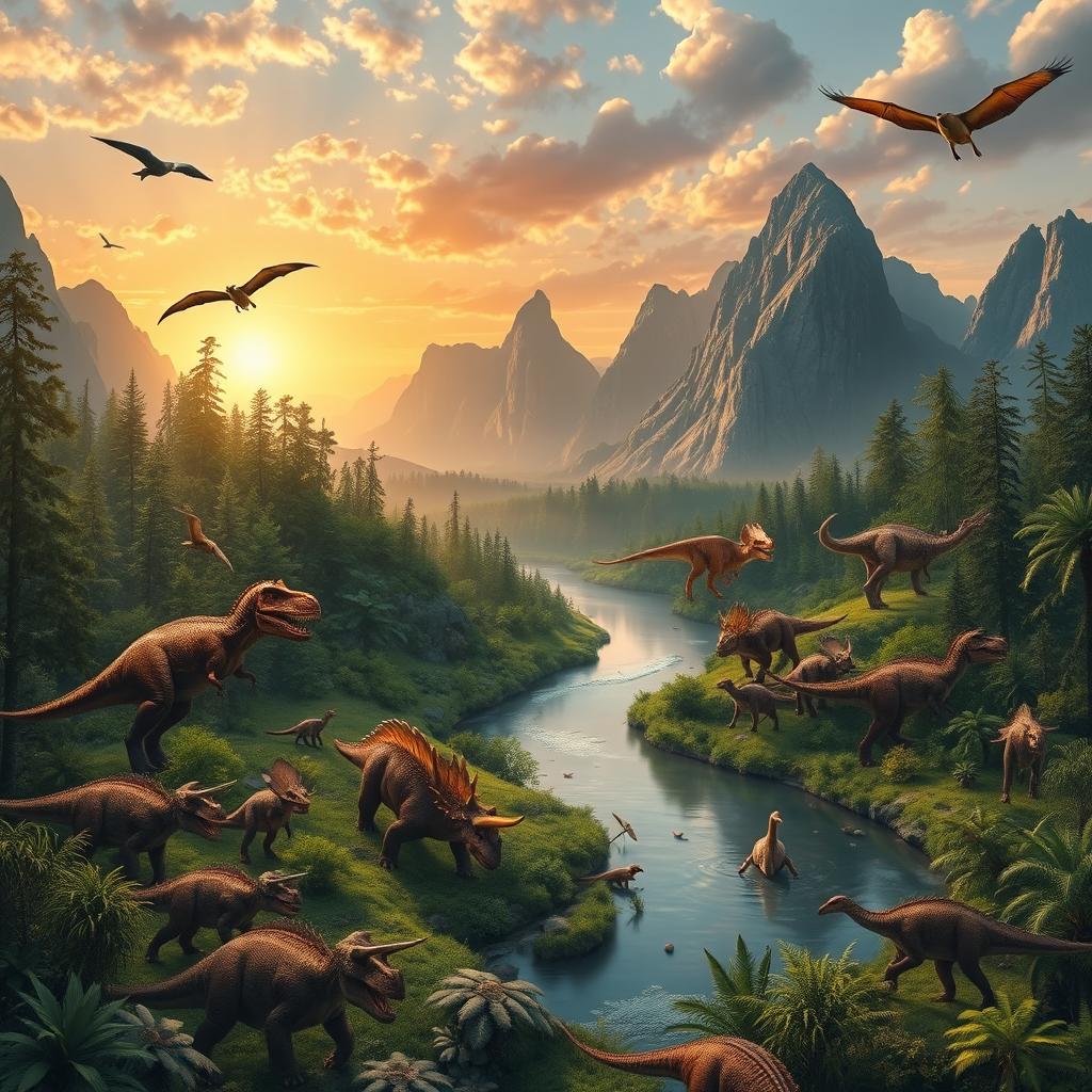 A breathtaking prehistoric landscape filled with various dinosaurs, such as T-Rex, Triceratops, and Pterosaurs, roaming amidst lush greenery and ancient forests