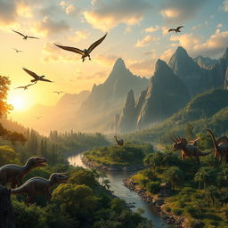 A breathtaking prehistoric landscape filled with various dinosaurs, such as T-Rex, Triceratops, and Pterosaurs, roaming amidst lush greenery and ancient forests