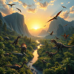 A breathtaking prehistoric landscape filled with various dinosaurs, such as T-Rex, Triceratops, and Pterosaurs, roaming amidst lush greenery and ancient forests