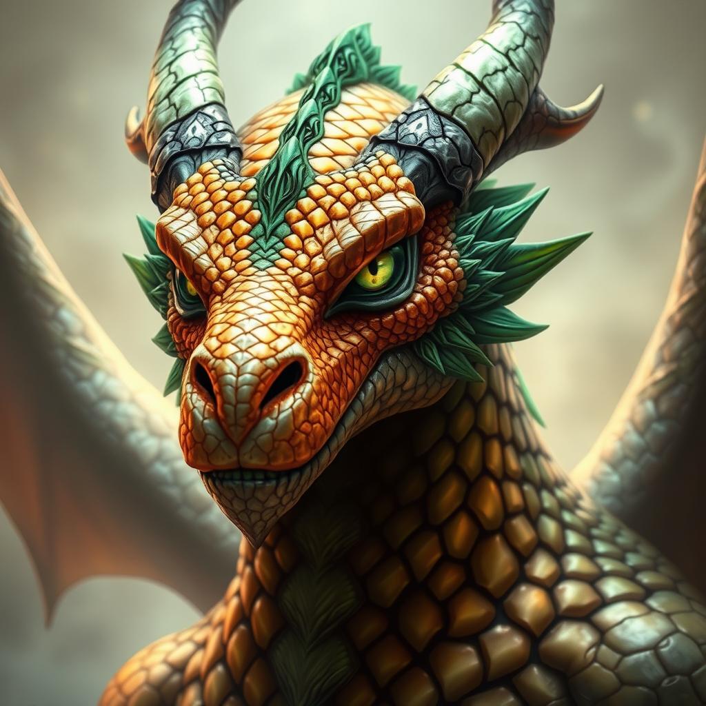 A portrait of a male dragon humanoid with topaz-colored scales and green accents