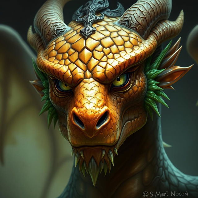 A portrait of a male dragon humanoid with topaz-colored scales and green accents