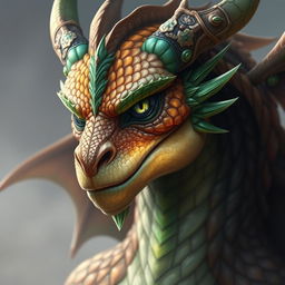 A portrait of a male dragon humanoid with topaz-colored scales and green accents