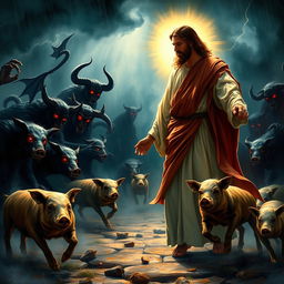 A vivid portrayal of Jesus Christ facing off against demonic forces, with wild pigs sprinting in the background