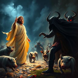 A vivid portrayal of Jesus Christ facing off against demonic forces, with wild pigs sprinting in the background