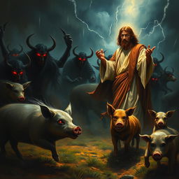 A vivid portrayal of Jesus Christ facing off against demonic forces, with wild pigs sprinting in the background