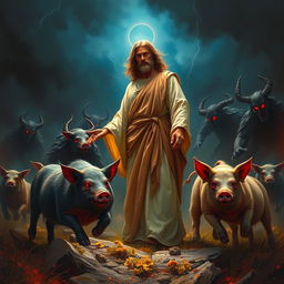 A vivid portrayal of Jesus Christ facing off against demonic forces, with wild pigs sprinting in the background