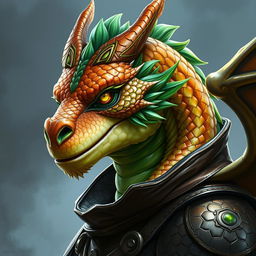 A portrait of a male dragon humanoid with topaz-colored scales and green accents, wearing leather armor