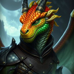 A portrait of a male dragon humanoid with topaz-colored scales and green accents, wearing leather armor