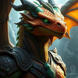 A portrait of a male dragon humanoid with topaz-colored scales and green accents, wearing leather armor