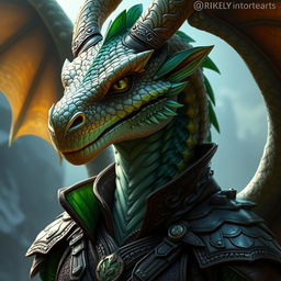 A portrait of a male dragon humanoid with topaz-colored scales and green accents, wearing leather armor