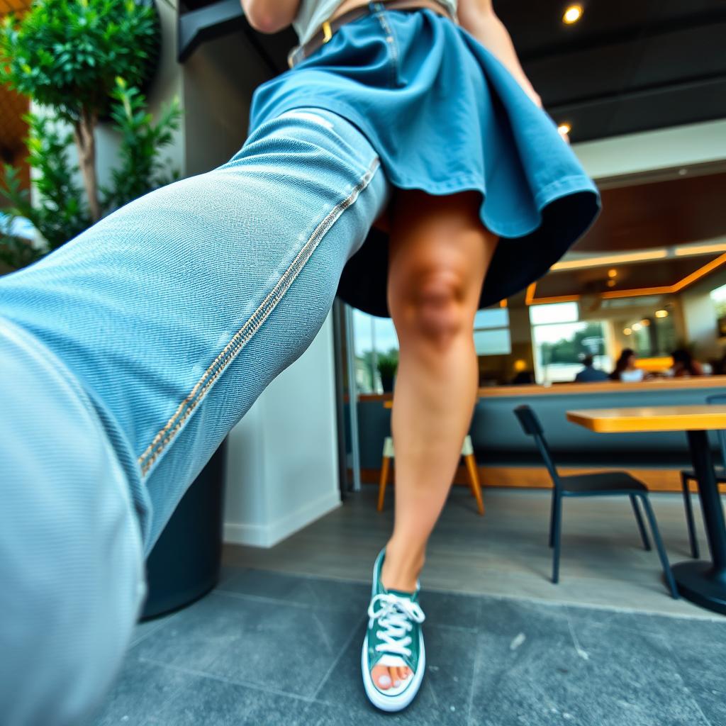 A selfie focusing on a person's legs, capturing a stylish and modern image