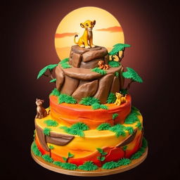 A majestic cake inspired by the animated movie "The Lion King", featuring elements like Simba, the lion cub, standing proudly atop the cake, surrounded by the African savanna landscape