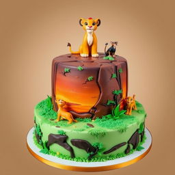 A majestic cake inspired by the animated movie "The Lion King", featuring elements like Simba, the lion cub, standing proudly atop the cake, surrounded by the African savanna landscape