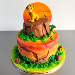 A majestic cake inspired by the animated movie "The Lion King", featuring elements like Simba, the lion cub, standing proudly atop the cake, surrounded by the African savanna landscape