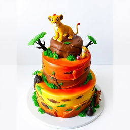 A majestic cake inspired by the animated movie "The Lion King", featuring elements like Simba, the lion cub, standing proudly atop the cake, surrounded by the African savanna landscape