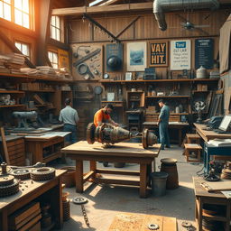 A detailed and bustling workshop filled with various tools, workbenches, and ongoing projects