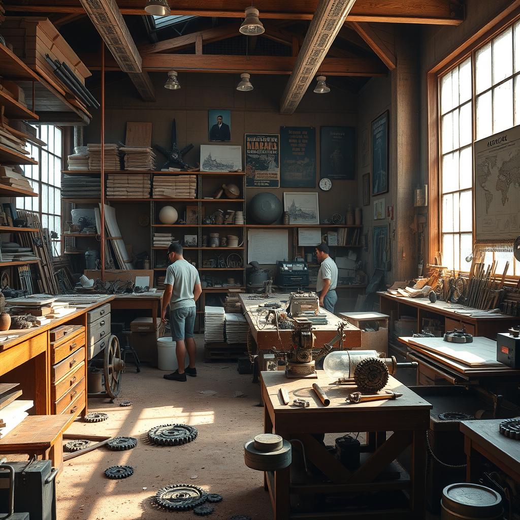 A detailed and bustling workshop filled with various tools, workbenches, and ongoing projects