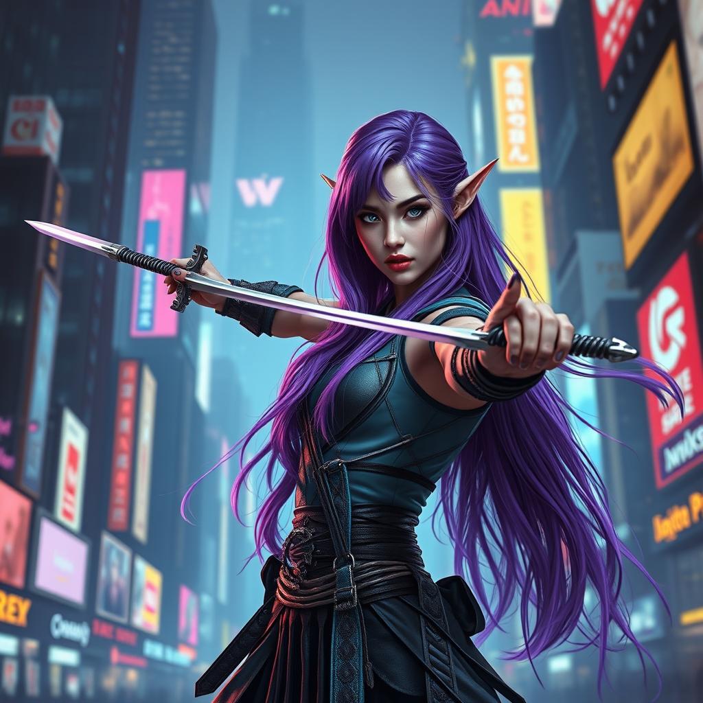 A purple-haired elven duelist poised in a cyberpunk dystopian setting, displaying exceptional poise and elegance