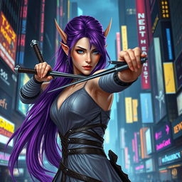 A purple-haired elven duelist poised in a cyberpunk dystopian setting, displaying exceptional poise and elegance