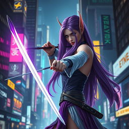 A purple-haired elven duelist poised in a cyberpunk dystopian setting, displaying exceptional poise and elegance