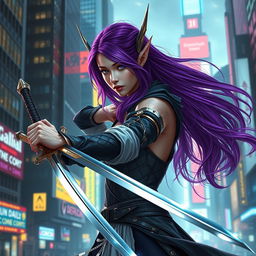 A purple-haired elven duelist poised in a cyberpunk dystopian setting, displaying exceptional poise and elegance