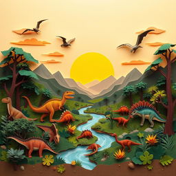 A stunning paper-art depiction of a prehistoric landscape, featuring various dinosaurs like T-Rex, Triceratops, and Pterosaurs