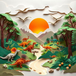 A stunning paper-art depiction of a prehistoric landscape, featuring various dinosaurs like T-Rex, Triceratops, and Pterosaurs