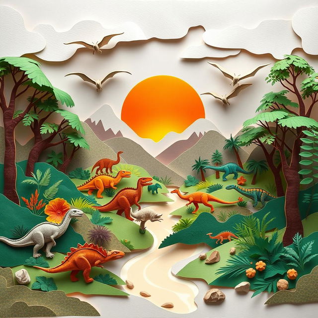 A stunning paper-art depiction of a prehistoric landscape, featuring various dinosaurs like T-Rex, Triceratops, and Pterosaurs