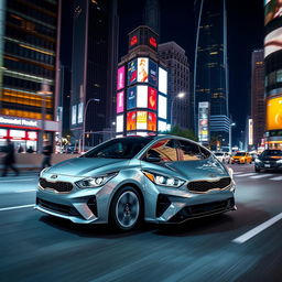 A sleek, modern Kia Cerato car driving through a bustling city at night