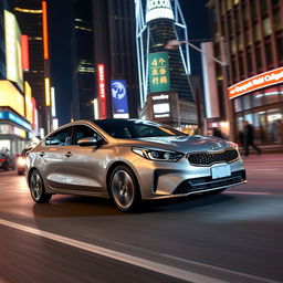 A sleek, modern Kia Cerato car driving through a bustling city at night