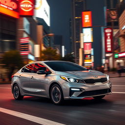 A sleek, modern Kia Cerato car driving through a bustling city at night