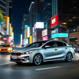 A sleek, modern Kia Cerato car driving through a bustling city at night