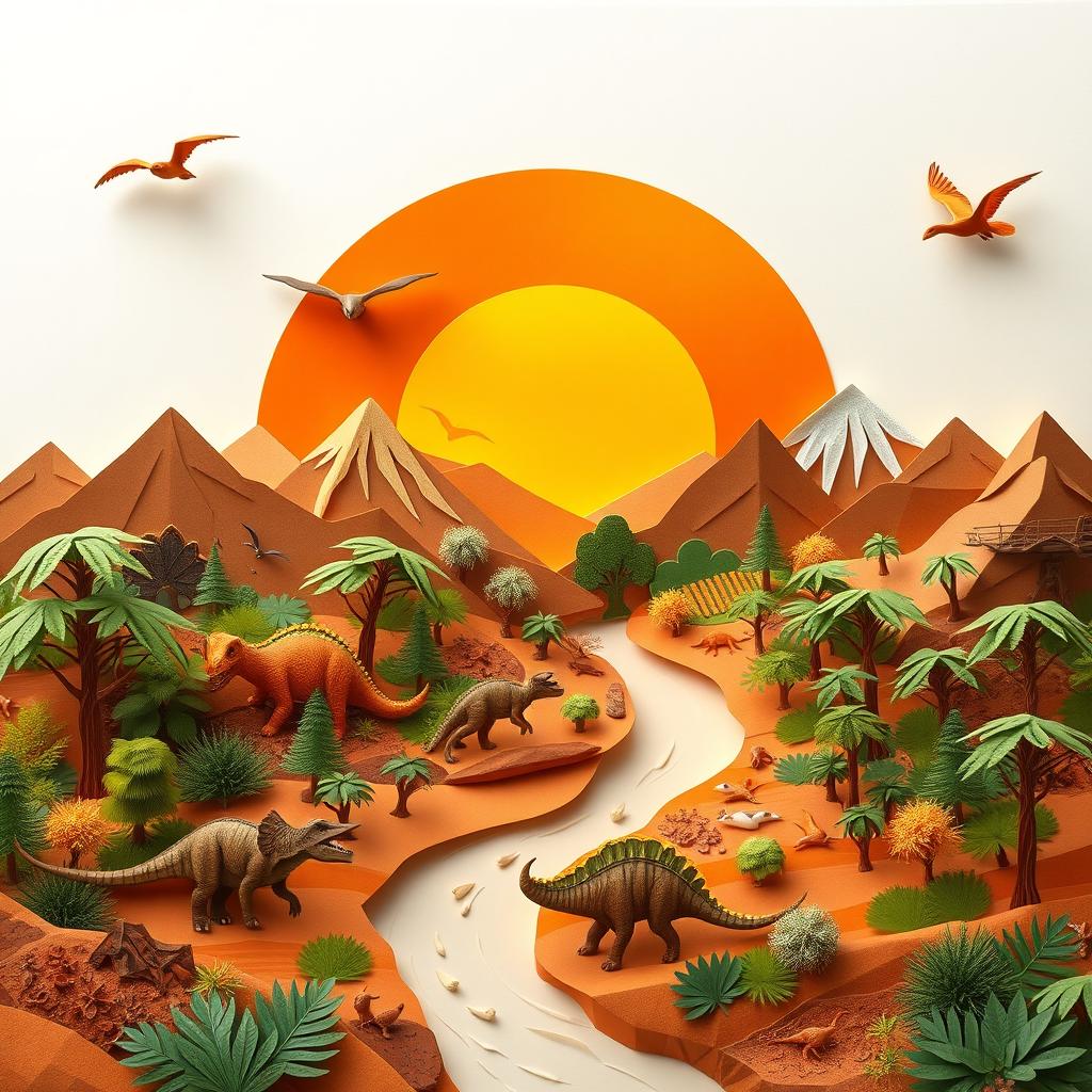 A captivating paper-art representation of a prehistoric landscape, featuring various dinosaurs such as T-Rex, Triceratops, and Pterosaurs