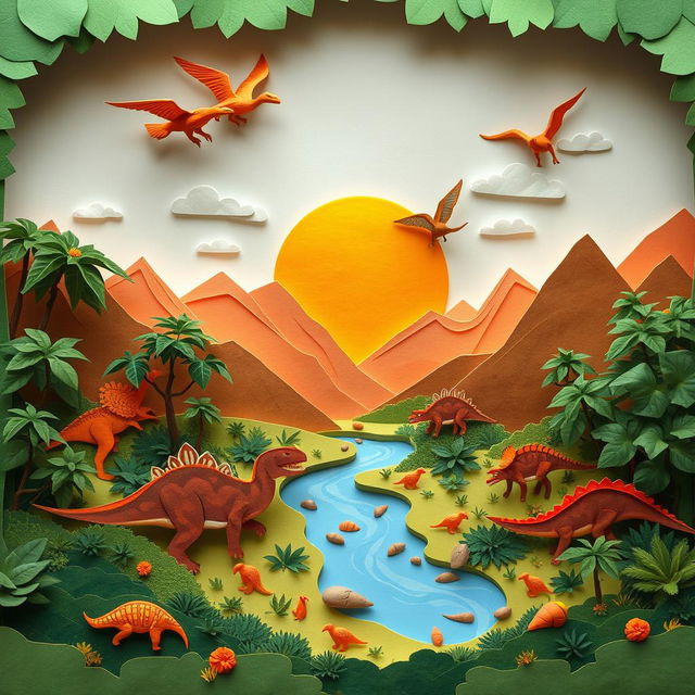 A captivating paper-art representation of a prehistoric landscape, featuring various dinosaurs such as T-Rex, Triceratops, and Pterosaurs