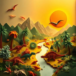 A captivating paper-art representation of a prehistoric landscape, featuring various dinosaurs such as T-Rex, Triceratops, and Pterosaurs