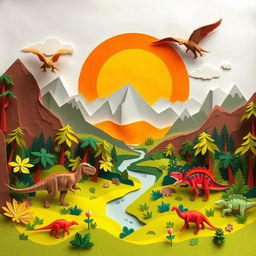 A captivating paper-art representation of a prehistoric landscape, featuring various dinosaurs such as T-Rex, Triceratops, and Pterosaurs