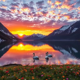 A serene alpine landscape at sunset, featuring a reflective lake with crystal clear water