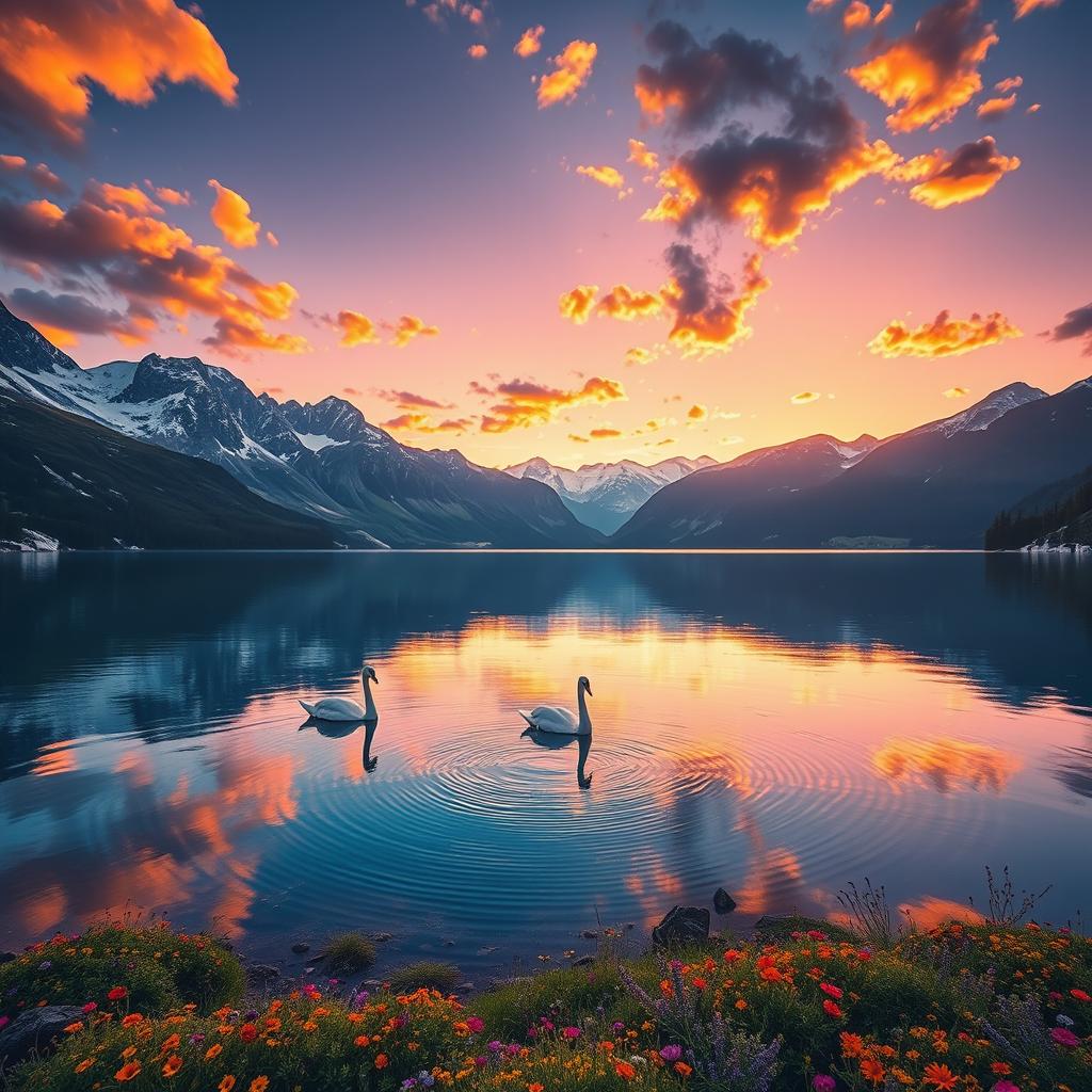 A serene alpine landscape at sunset, featuring a reflective lake with crystal clear water