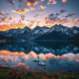 A serene alpine landscape at sunset, featuring a reflective lake with crystal clear water